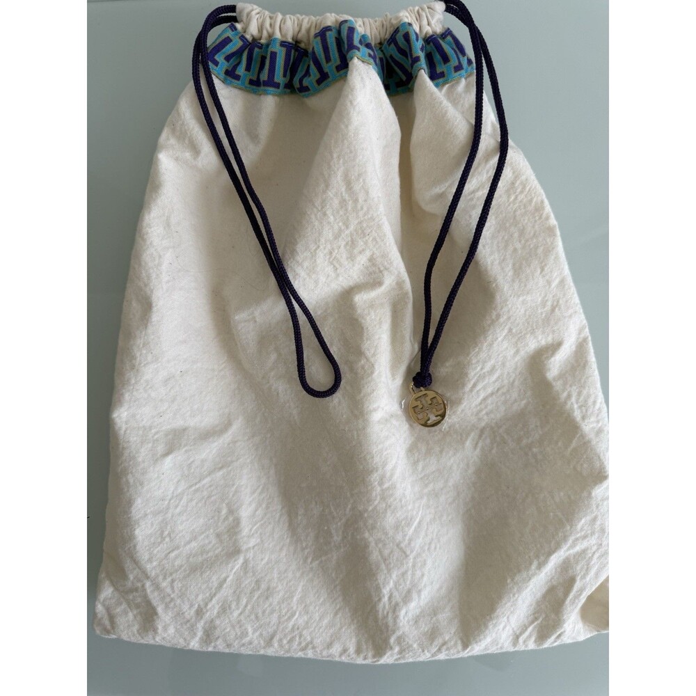 Tory Burch Ivory Canvas Drawstring Dust Bag Purple Logo Trim Gold Medallion